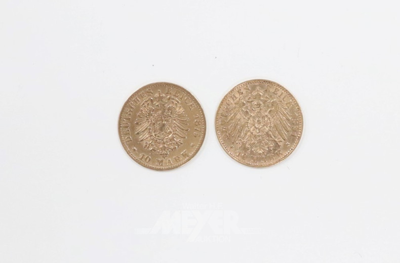 2 Goldmünzen ''10 Mark'', 1875 + 1891 E,