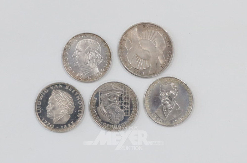 5 versch. Gedenkmünzen, 5 DM u.a.: