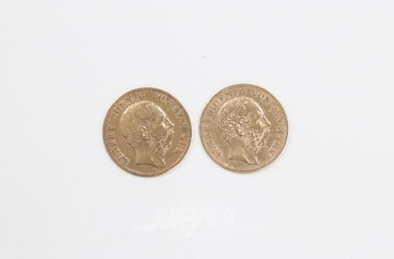 2 Goldmünzen ''10 Mark'', 1875 + 1891 E,