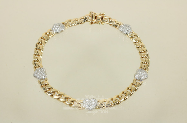 Armband, 585er GG, besetzt mit 5 Herzen