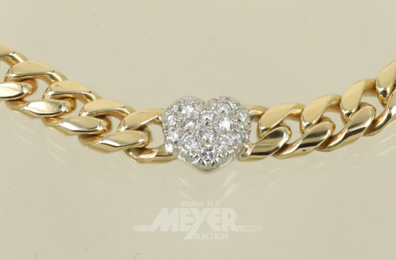 Armband, 585er GG, besetzt mit 5 Herzen