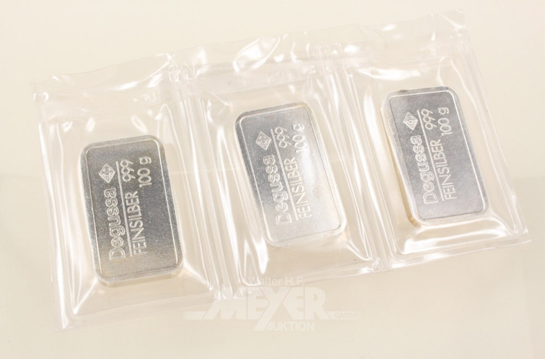 3 Silberbarren, 999er Feinsilber,