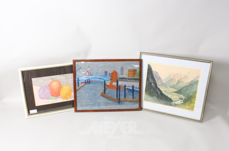 5 versch.Bilder: "Hafen, Tsunami, Blüte und Früchte, Leutaschtal bei Mittenwald, Wohnsitz am See"