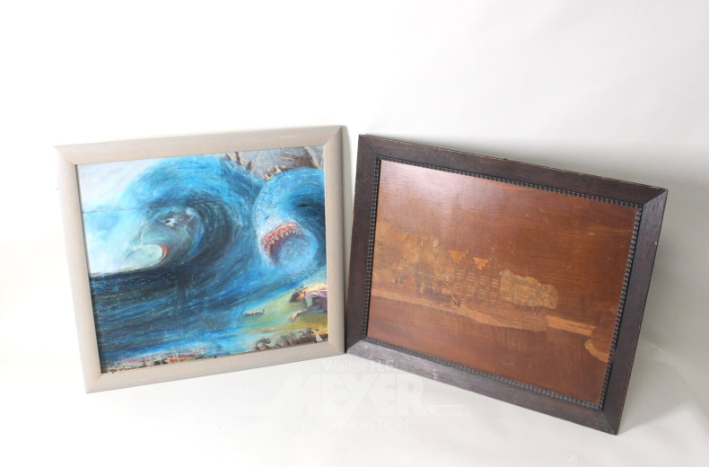 5 versch.Bilder: "Hafen, Tsunami, Blüte und Früchte, Leutaschtal bei Mittenwald, Wohnsitz am See"