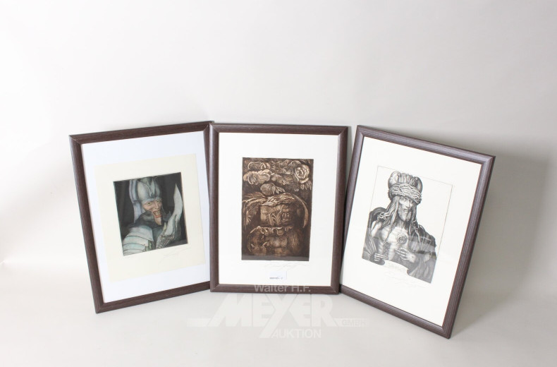 6 versch. Radierungen u. Lithografien: "Der Rosenkönig, Mars, Frauenprofil, Vaso Grotesco, Totenglocke, Werwolf"