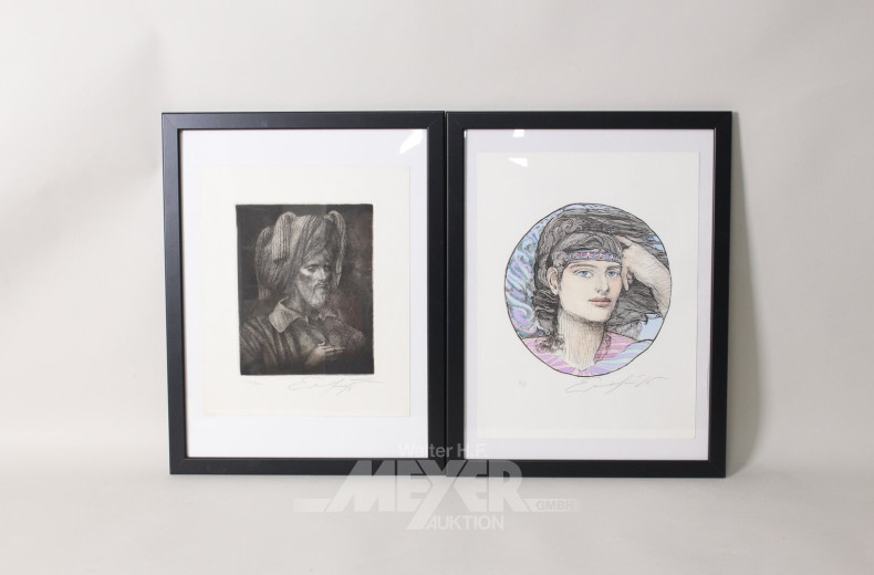 5 Radierungen: "Freiheit in Gedanken, Erscheinung im Busch, Amazone"