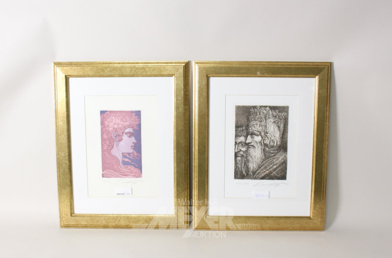 2 Radierungen:  "Der Feuerfuchs, König"