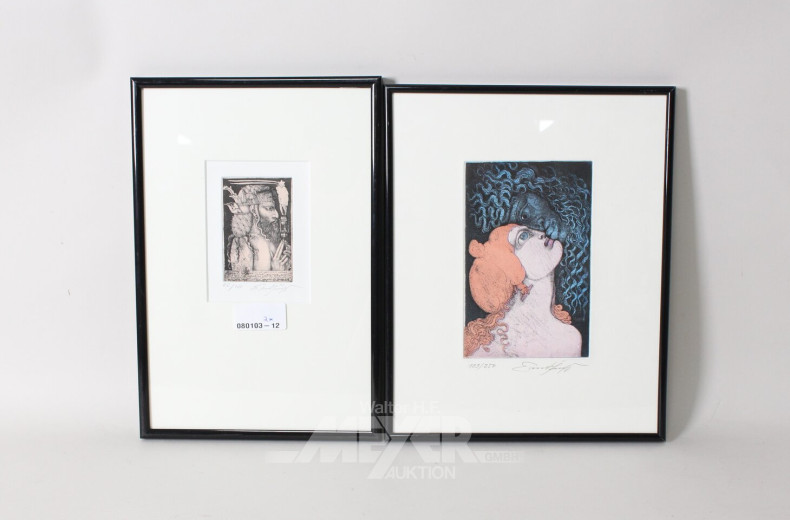 2 Farbradierungen:  "Roi Mage, Der Kuss des Pan"