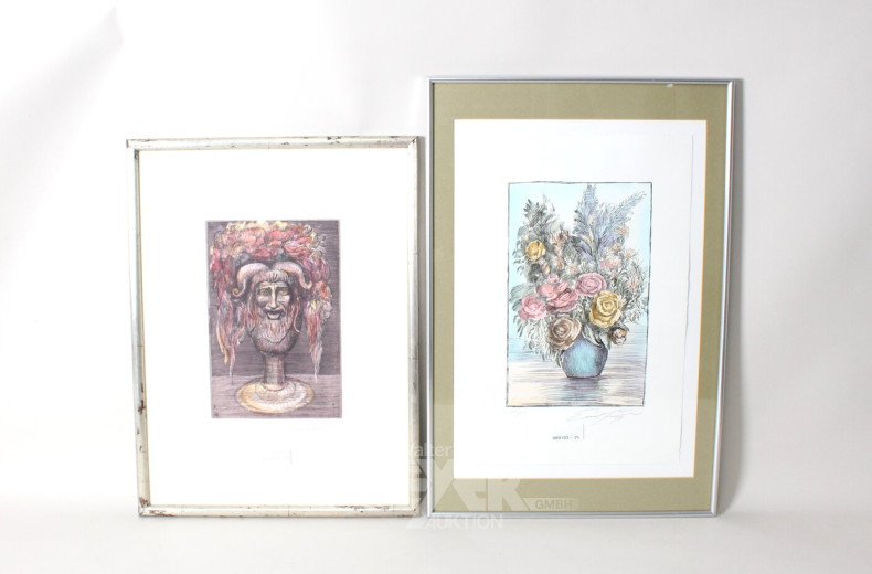 2 versch. Bilder : "Rosenstrauß, Pokal"