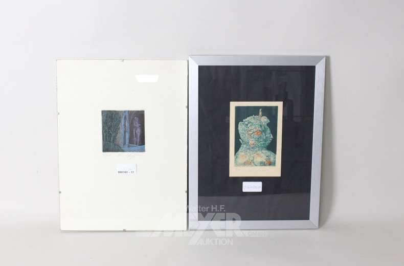 2 Radierungen: "Todesandacht, Cherubskopf"