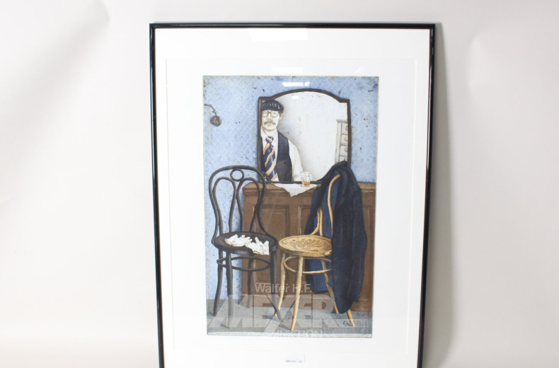 2 Farbradierungen  "Selbst zwischen zwei Stühlen, Carolinis Schrank"