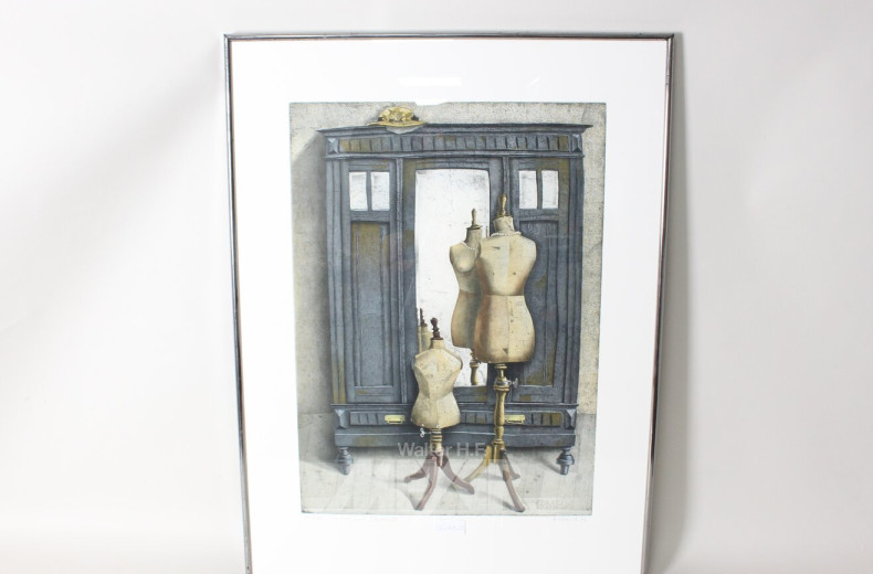 2 Farbradierungen  "Selbst zwischen zwei Stühlen, Carolinis Schrank"