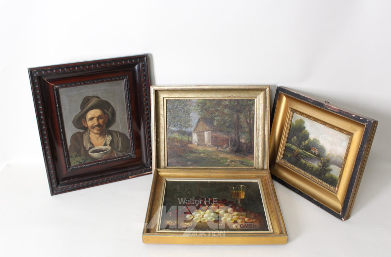 4 versch. Gemälde "Kate, Bauer, Obststillleben, Herrenhaus am See"
