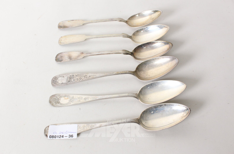 6 versch. Eßlöffel, Silber