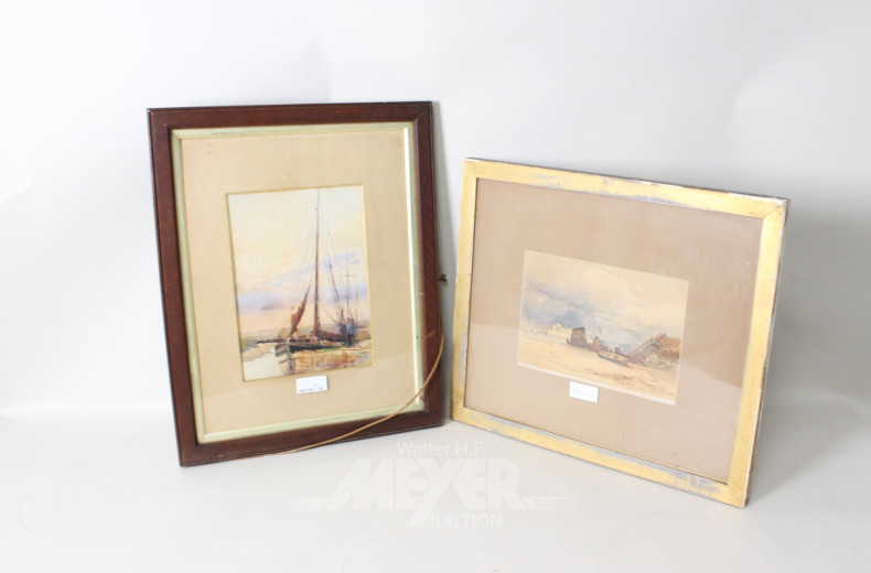 2 Aquarelle "Fischer" / "Segelboot am Strand"