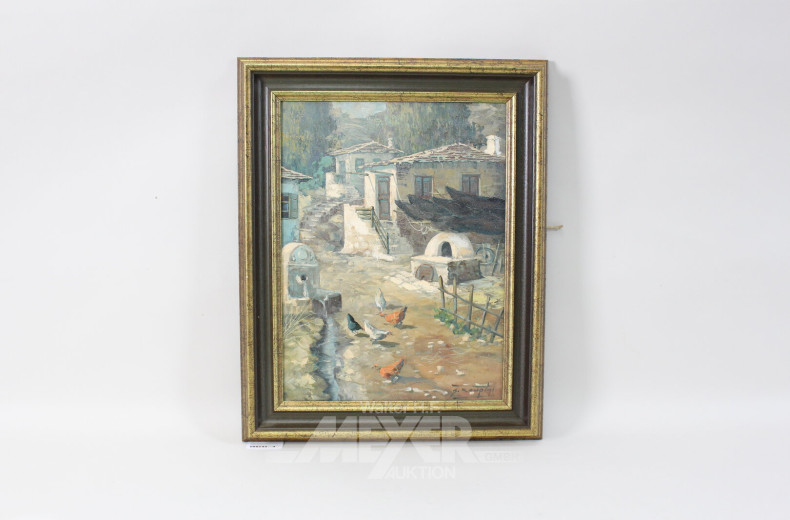 Gemälde "Hofeingang mit Hühner"