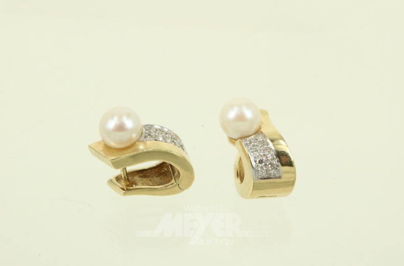 Paar Ohrringe/ Stecker mit je 1 Perle u. farblosen Schmucksteinen