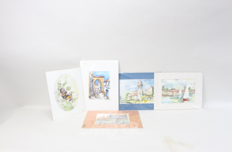 Posten div. Aquarelle und Graphiken "Landschaften, Blumenstlleben, Stadtansichten"