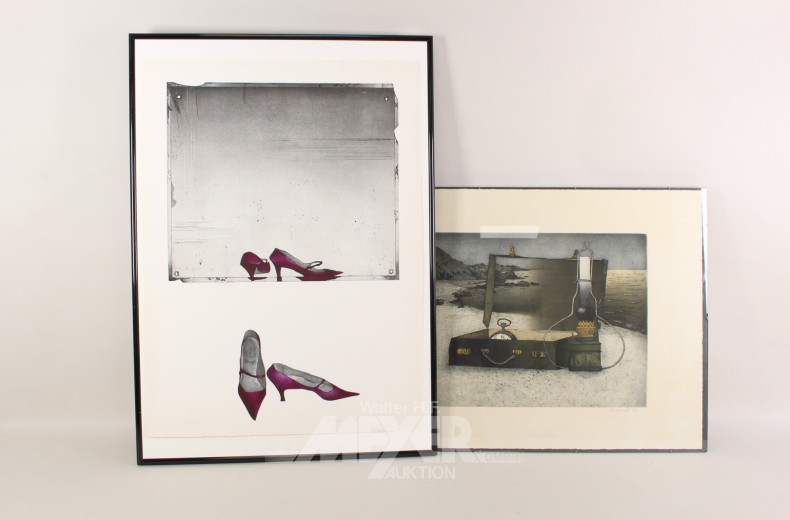 Paar Farbradierungen 'Die Schuhe' und 'Der Koffer'