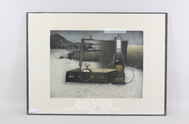 Paar Farbradierungen 'Die Schuhe' und 'Der Koffer'