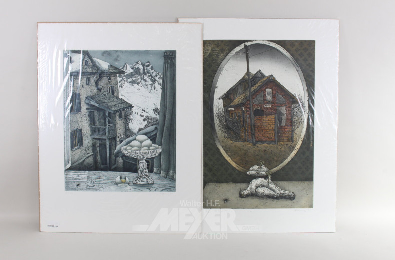 Paar Farbradierungen 'Örtlichkeit' und 'Osterfenster'