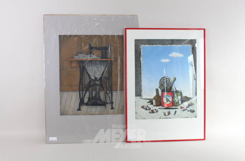 Paar Farbradierungen 'Zwei Wolken für Margritte' und 'Nähmaschine'