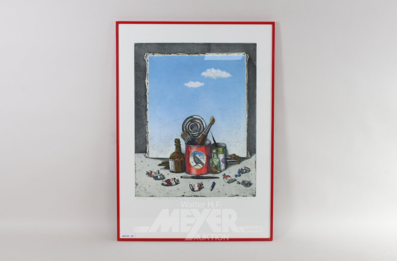 Paar Farbradierungen 'Zwei Wolken für Margritte' und 'Nähmaschine'