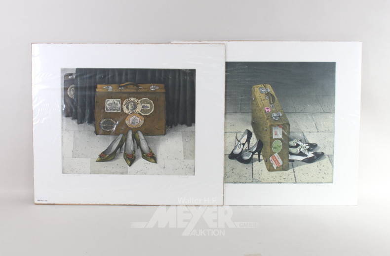 Paar Farbradierungen 'Der Koffer/Hotel Ritz' und 'Reise zu zweit'