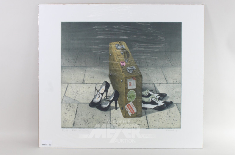 Paar Farbradierungen 'Der Koffer/Hotel Ritz' und 'Reise zu zweit'