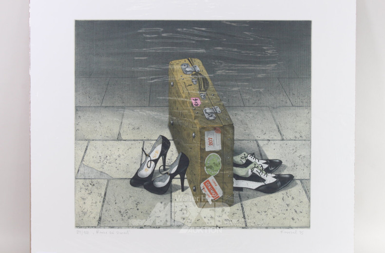 Paar Farbradierungen 'Der Koffer/Hotel Ritz' und 'Reise zu zweit'