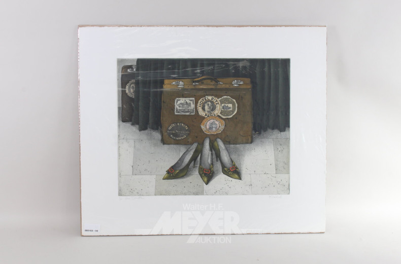 Paar Farbradierungen 'Der Koffer/Hotel Ritz' und 'Reise zu zweit'