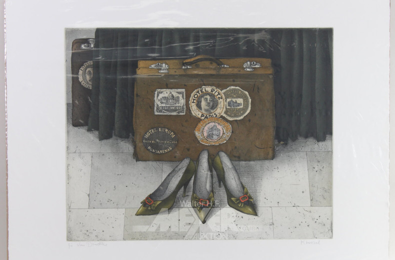 Paar Farbradierungen 'Der Koffer/Hotel Ritz' und 'Reise zu zweit'