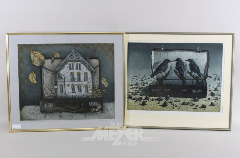 Paar Farbradierungen 'Herbstkoffer' und 'Vogelkoffer'