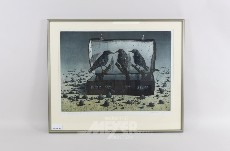 Paar Farbradierungen 'Herbstkoffer' und 'Vogelkoffer'