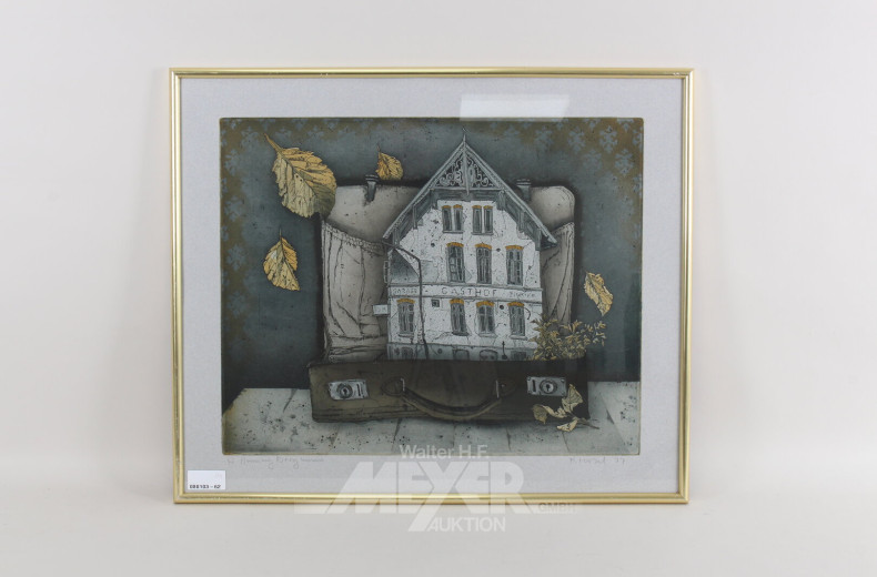 Paar Farbradierungen 'Herbstkoffer' und 'Vogelkoffer'