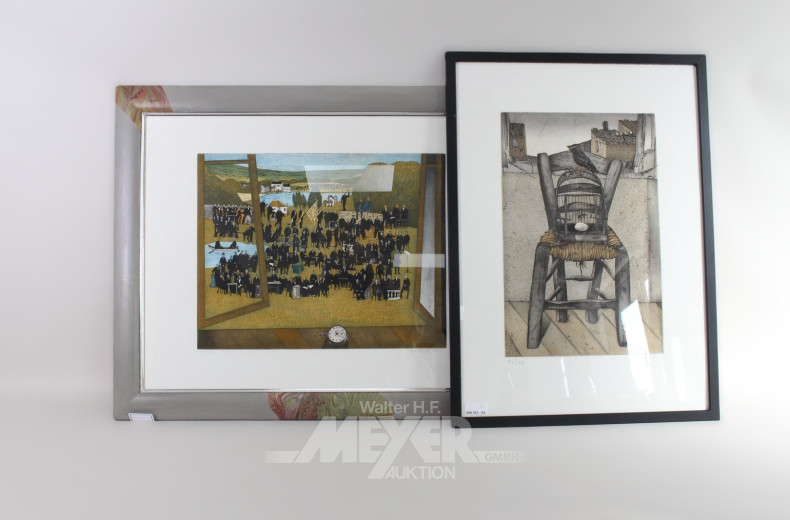 Paar Farbradierungen 'Preisverleihung' und 'L'Oiseau heureux'