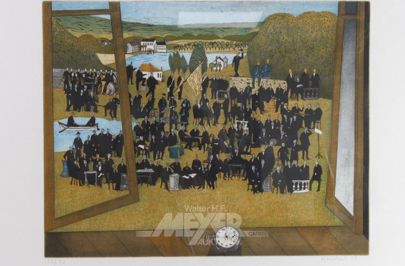 Paar Farbradierungen 'Preisverleihung' und 'L'Oiseau heureux'