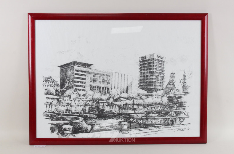 Druckgrafik 'Hamburger Hafen-Bavaria-St. Pauli Brauerei'