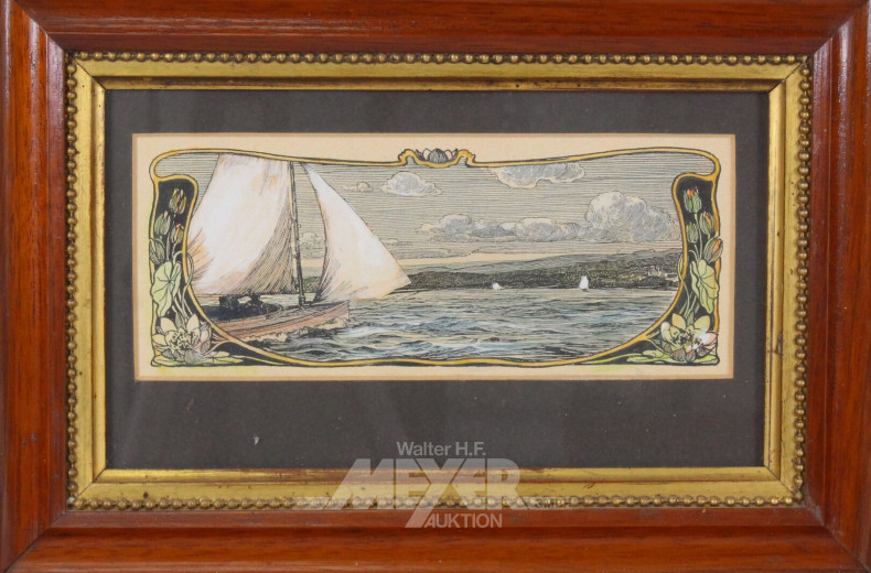 Holzstich "Segelboot auf See"
