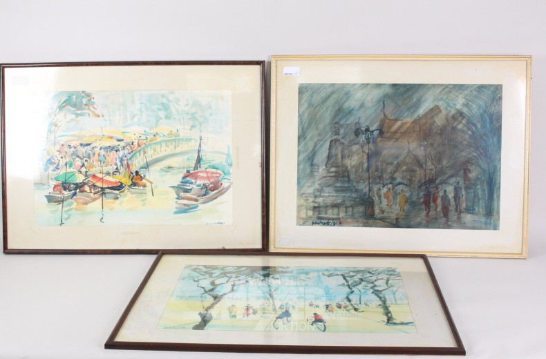 3 versch. Graphiken und Aquarelle "Landschaften/Stadtansicht m. Staffagen"