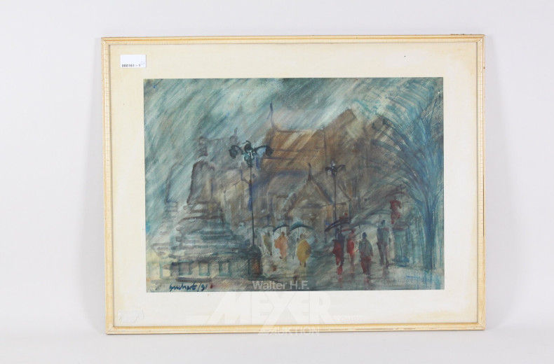 3 versch. Graphiken und Aquarelle "Landschaften/Stadtansicht m. Staffagen"