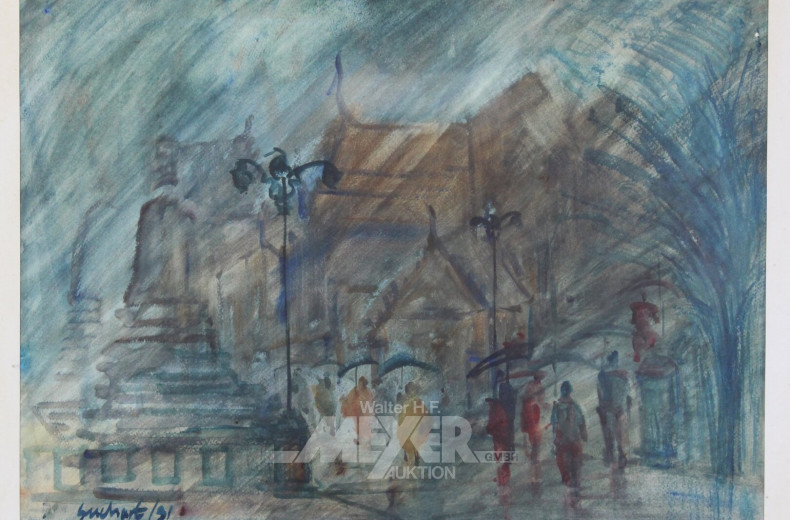 3 versch. Graphiken und Aquarelle "Landschaften/Stadtansicht m. Staffagen"