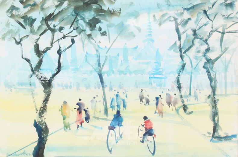 3 versch. Graphiken und Aquarelle "Landschaften/Stadtansicht m. Staffagen"