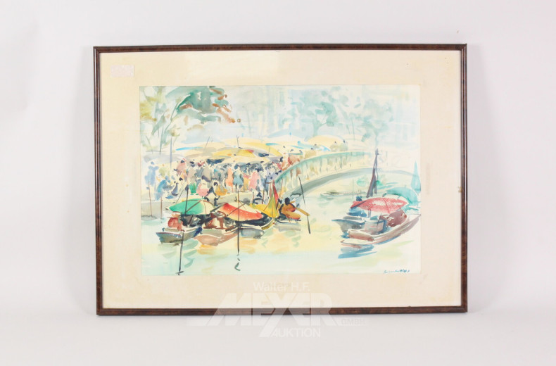 3 versch. Graphiken und Aquarelle "Landschaften/Stadtansicht m. Staffagen"