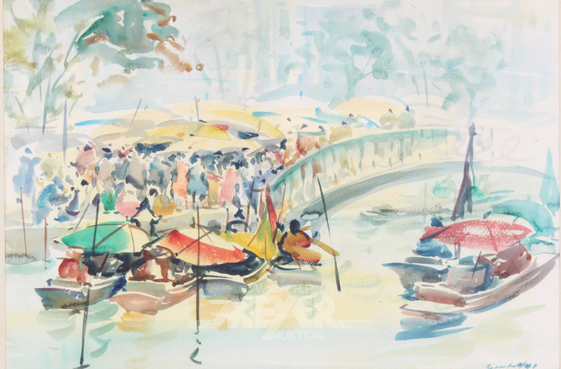 3 versch. Graphiken und Aquarelle "Landschaften/Stadtansicht m. Staffagen"