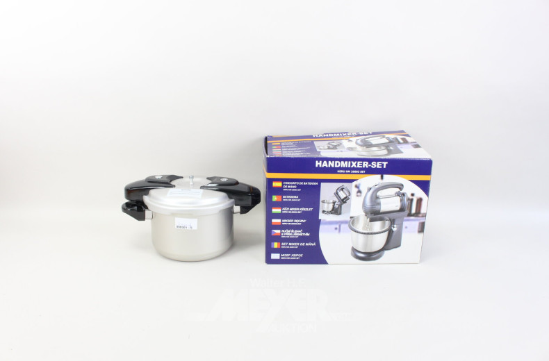 Posten Kochgeschirr: Schnellkochtopf, Pfanne, elektr. Grilling Maschine, Handmixer-Set