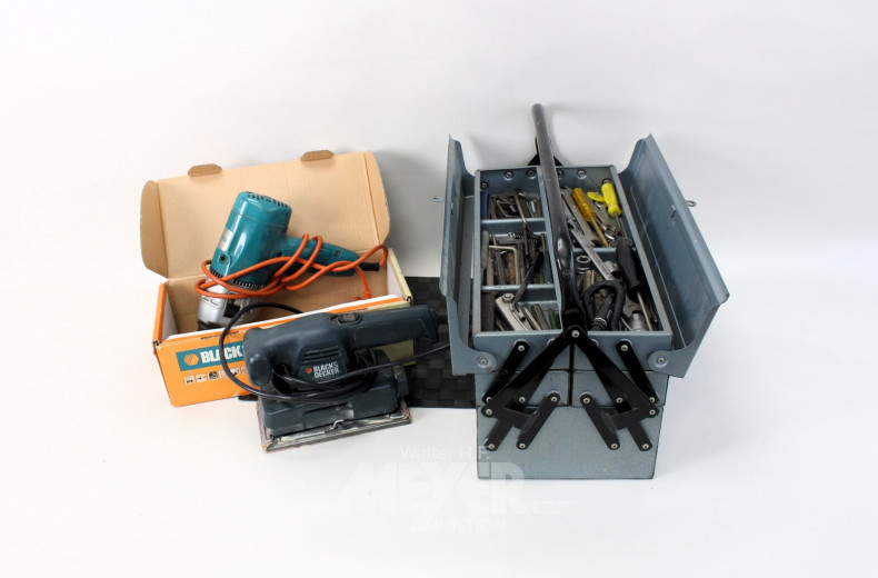 2 Handmaschinen: Bohrmaschine, Schlwingschleifer und 1 Scherenwerkzeugkasten mit Inhalt