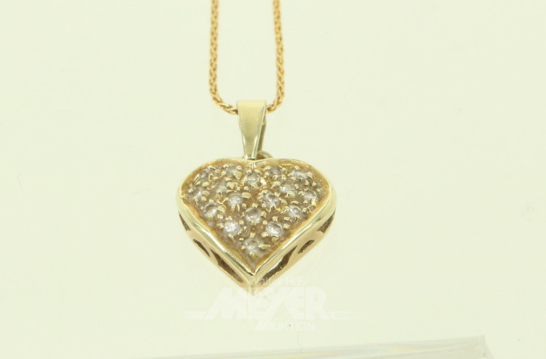 Kette mit Herzanhänger, besetzt mit kl. Besatz-Diamanten