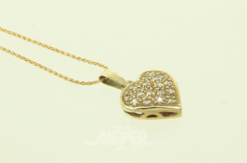 Kette mit Herzanhänger, besetzt mit kl. Besatz-Diamanten