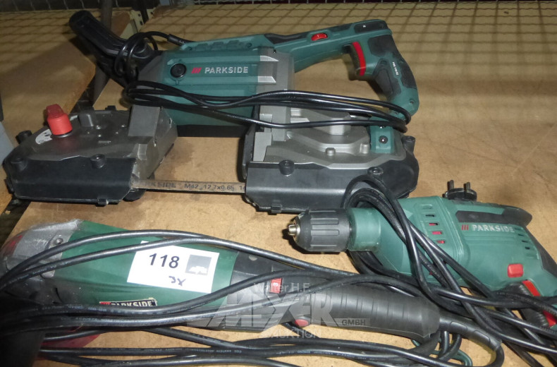 3 div. Elektro- Handmaschinen; Bohrmaschine, Winkelschleifmaschine, mobile Bandsäge